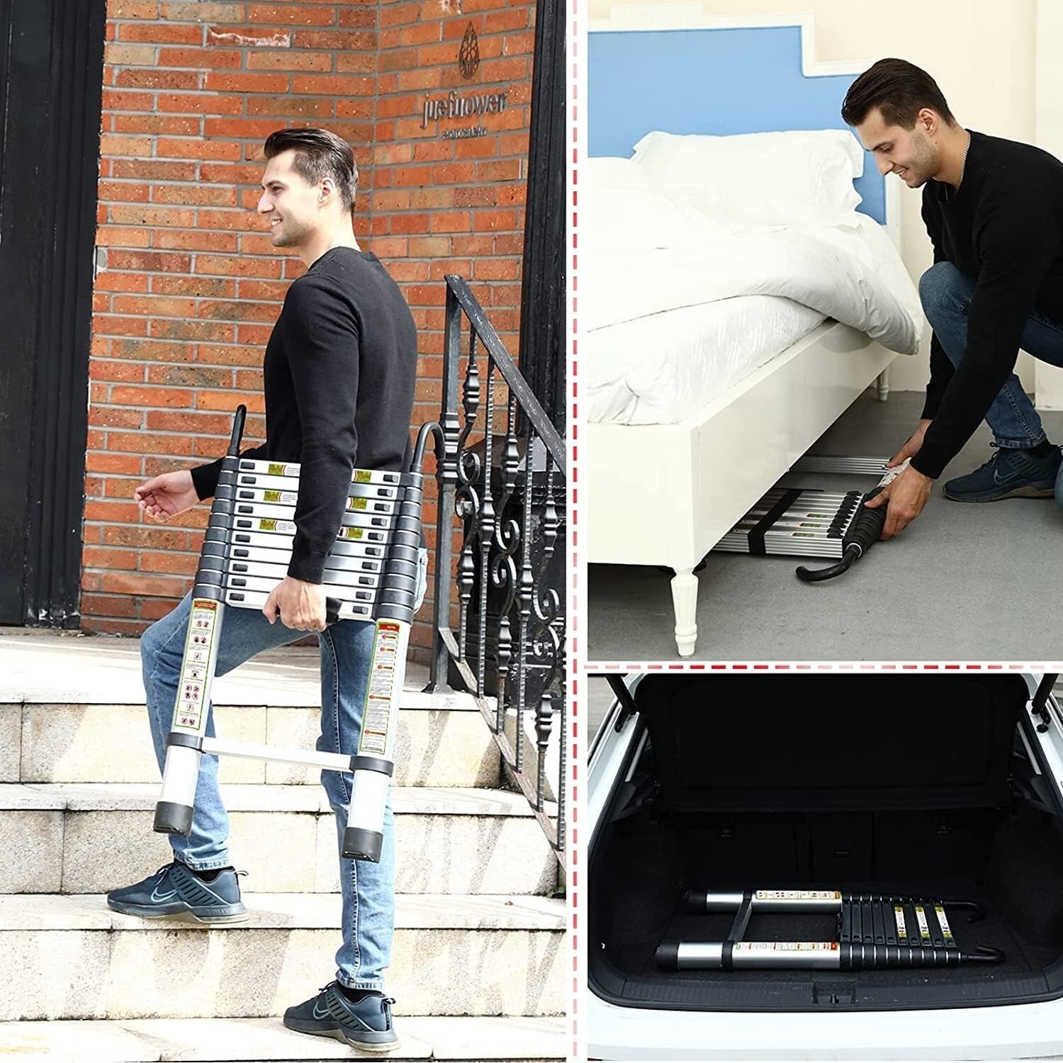 16.5FT Telescopic Aluminum Ladder with Double Hooks & Non-Slip Feet, 330lb Cap