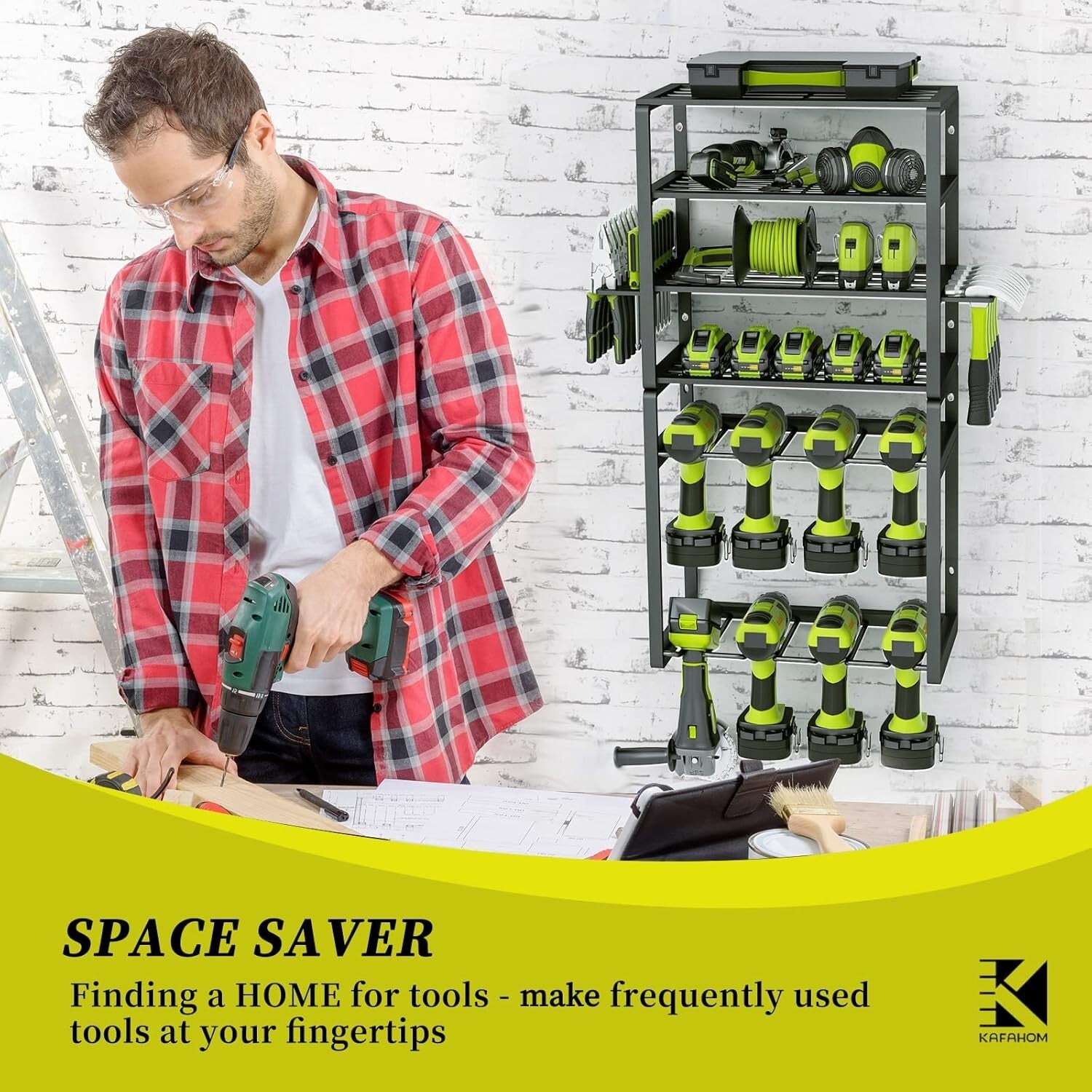 8 Drill Holder Garage Tool Rack - 6-Layer Carbon Steel Storage Shelf for Tools