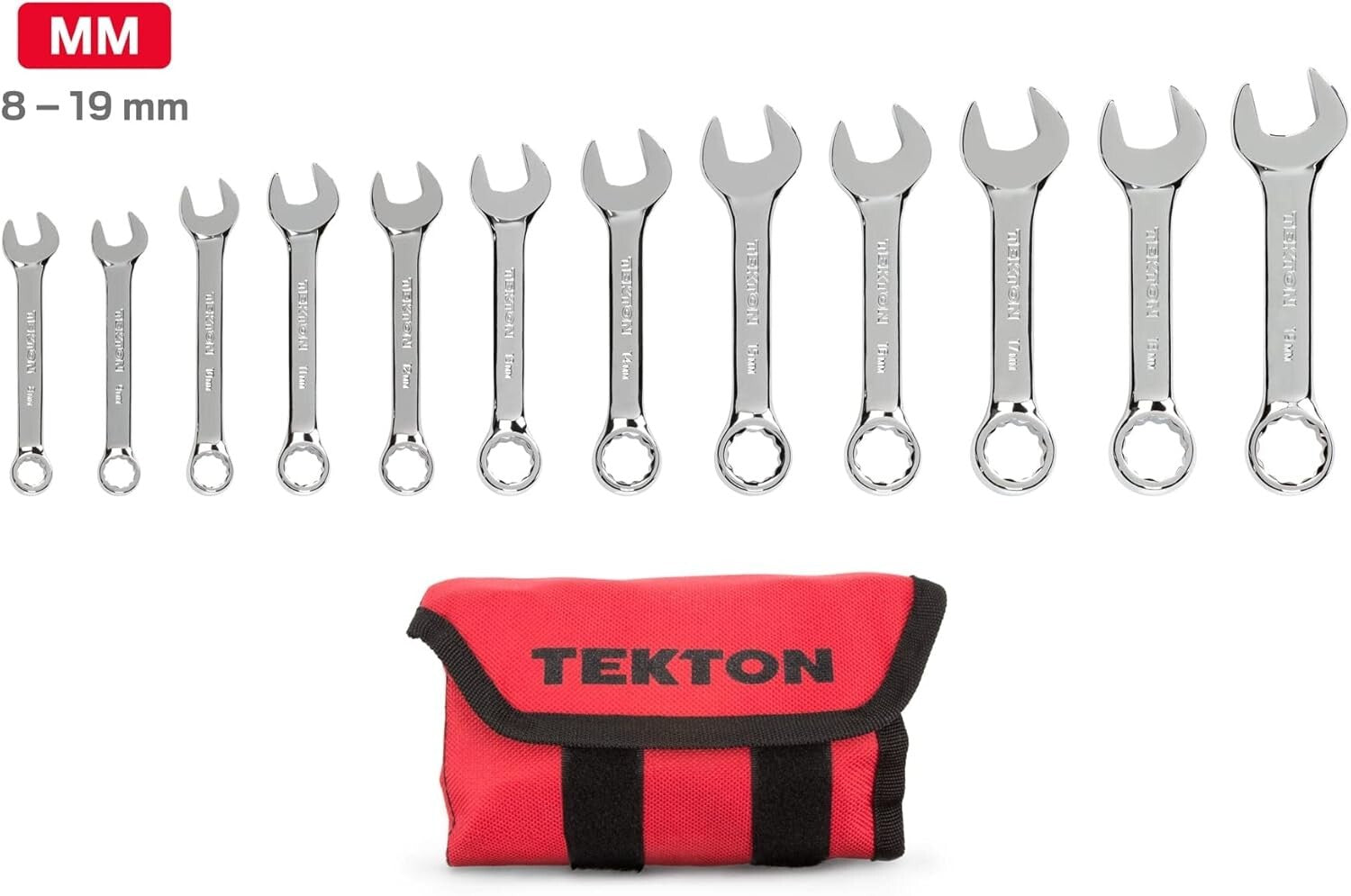 Efficient Stubby Wrench Set (8-19 mm) - 12-Piece with Roll-Up Storage Pouch