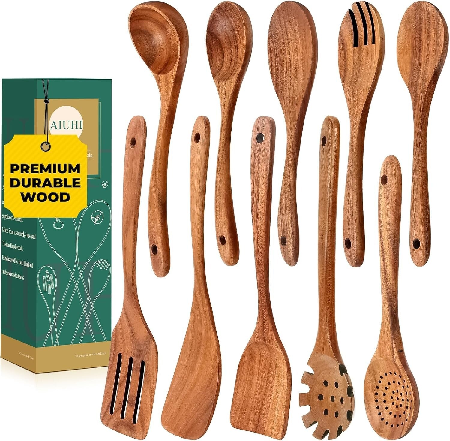 10-Piece Stylish Teak Cooking Utensils Set - Non-Stick Safe & Durable