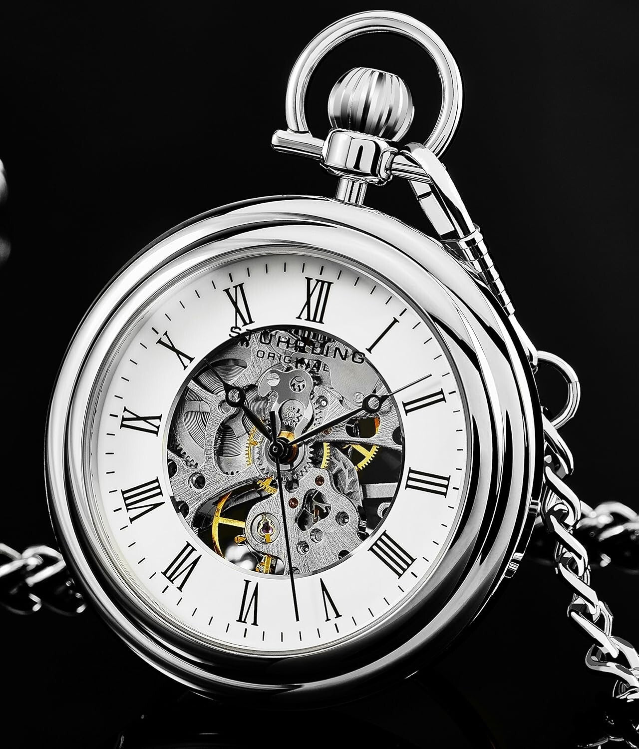 Hand-Winding Stainless Steel Pocket Watch with Elegant Mechanical Movement