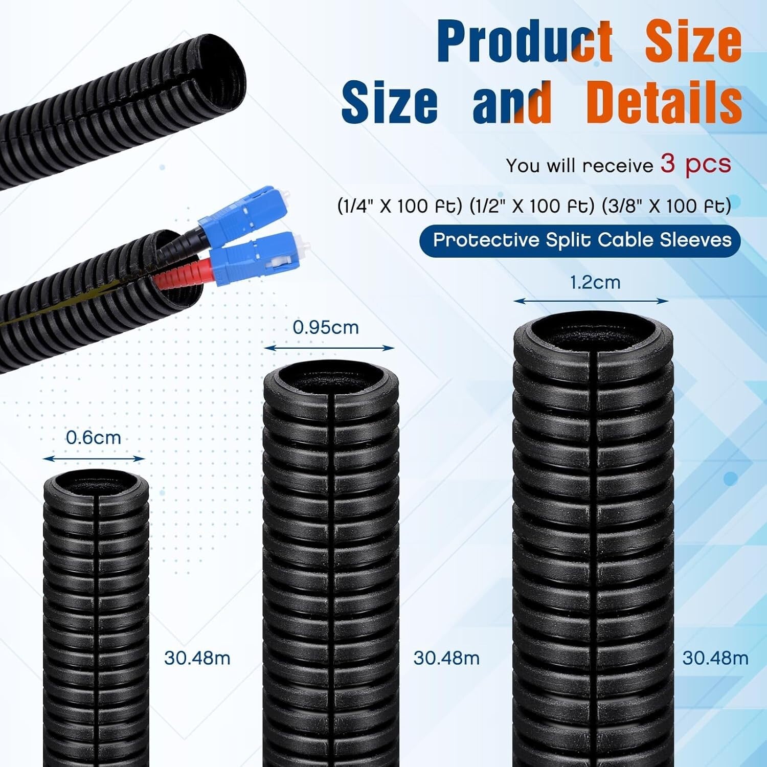 3-Pack Black Wire Loom Tubing 1/4" 1/2" 3/8" x 100 Ft - Self-Adhesive Protection