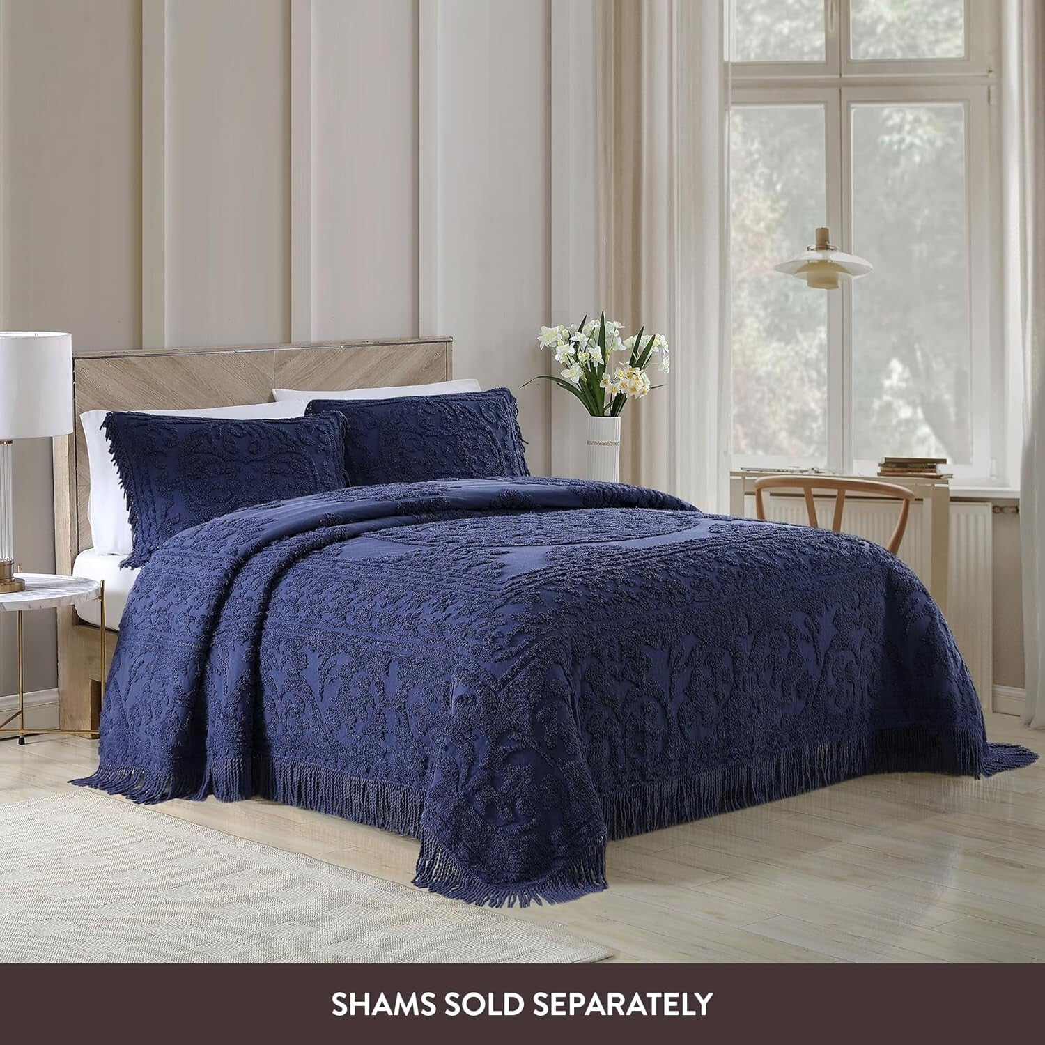 Luxurious Queen Chenille Bedspread in Navy with Elegant Medallion Design