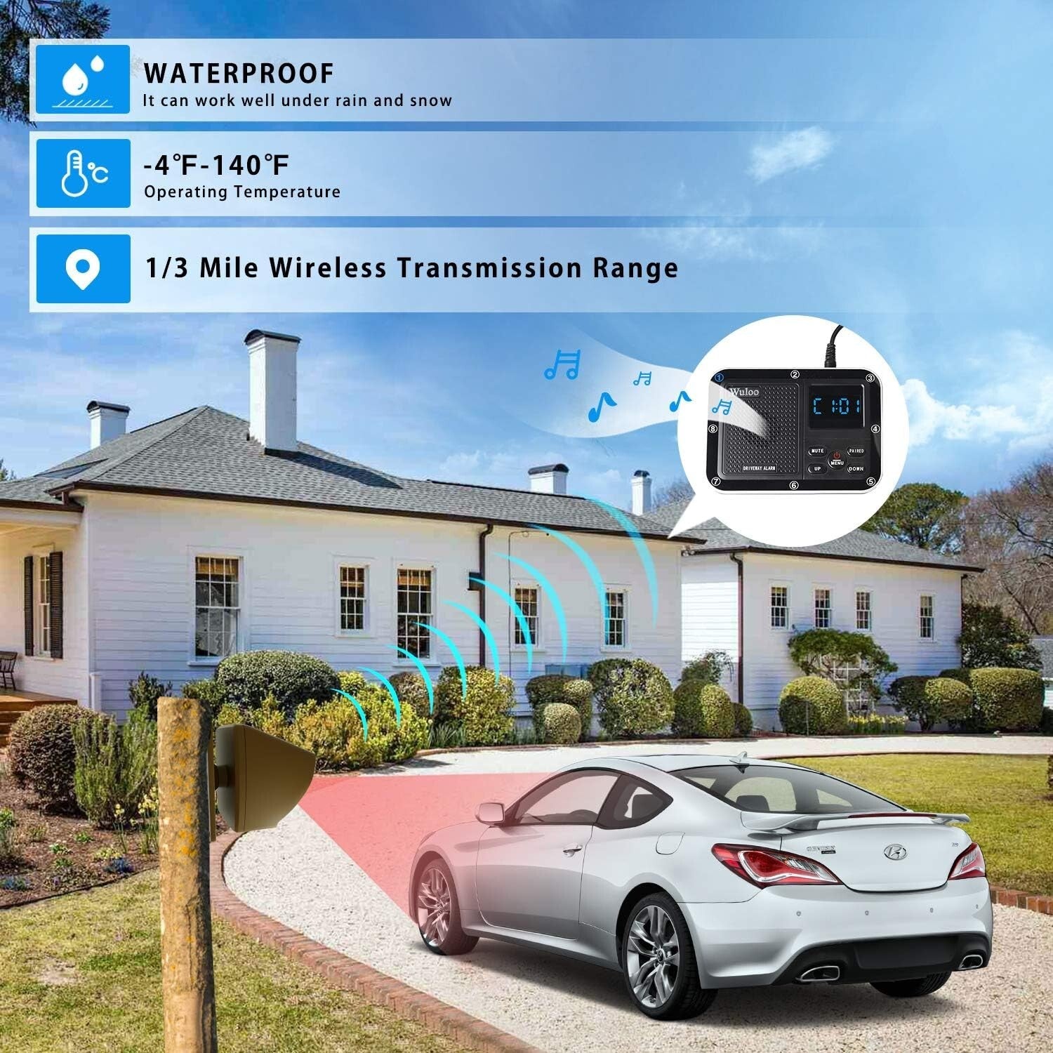 Rechargeable Solar Driveway Alert System with Expandable Sensor & 30ft Detection