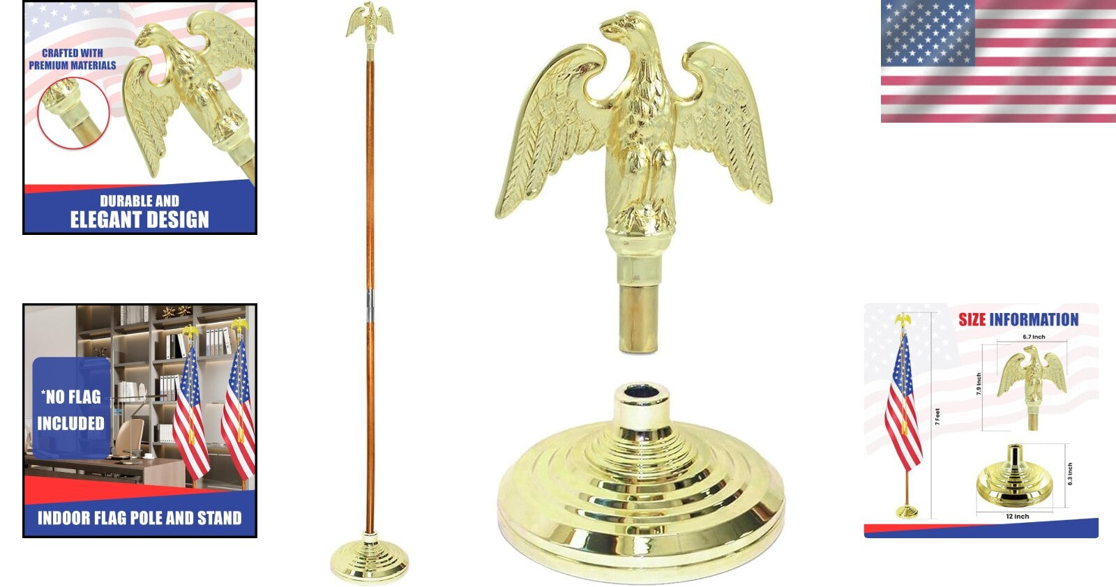 Premium Aluminum Indoor Flagpole Kit - 7ft with Brass Finish and Custom Toppers