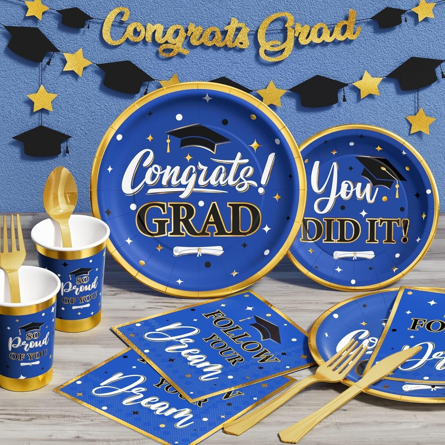 Disposable 350PCS Graduation Decorations - Blue & Gold Dinnerware for 50 Guests