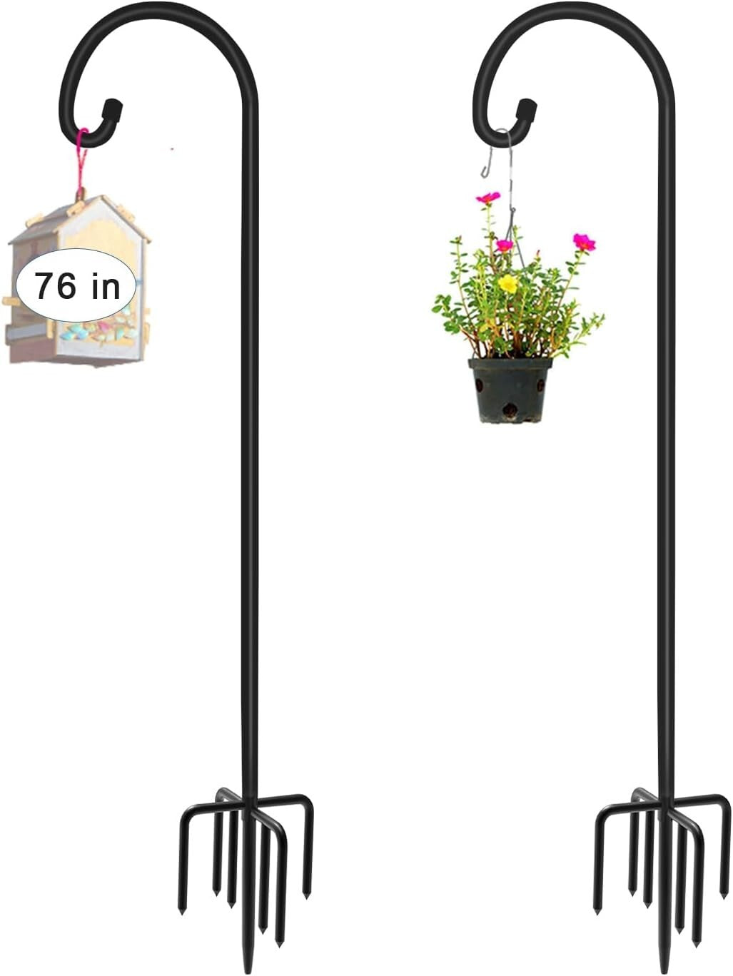 Matte Black 76" Shepherd Hook with 5 Prongs - Sturdy Hanger for Outdoor Decor
