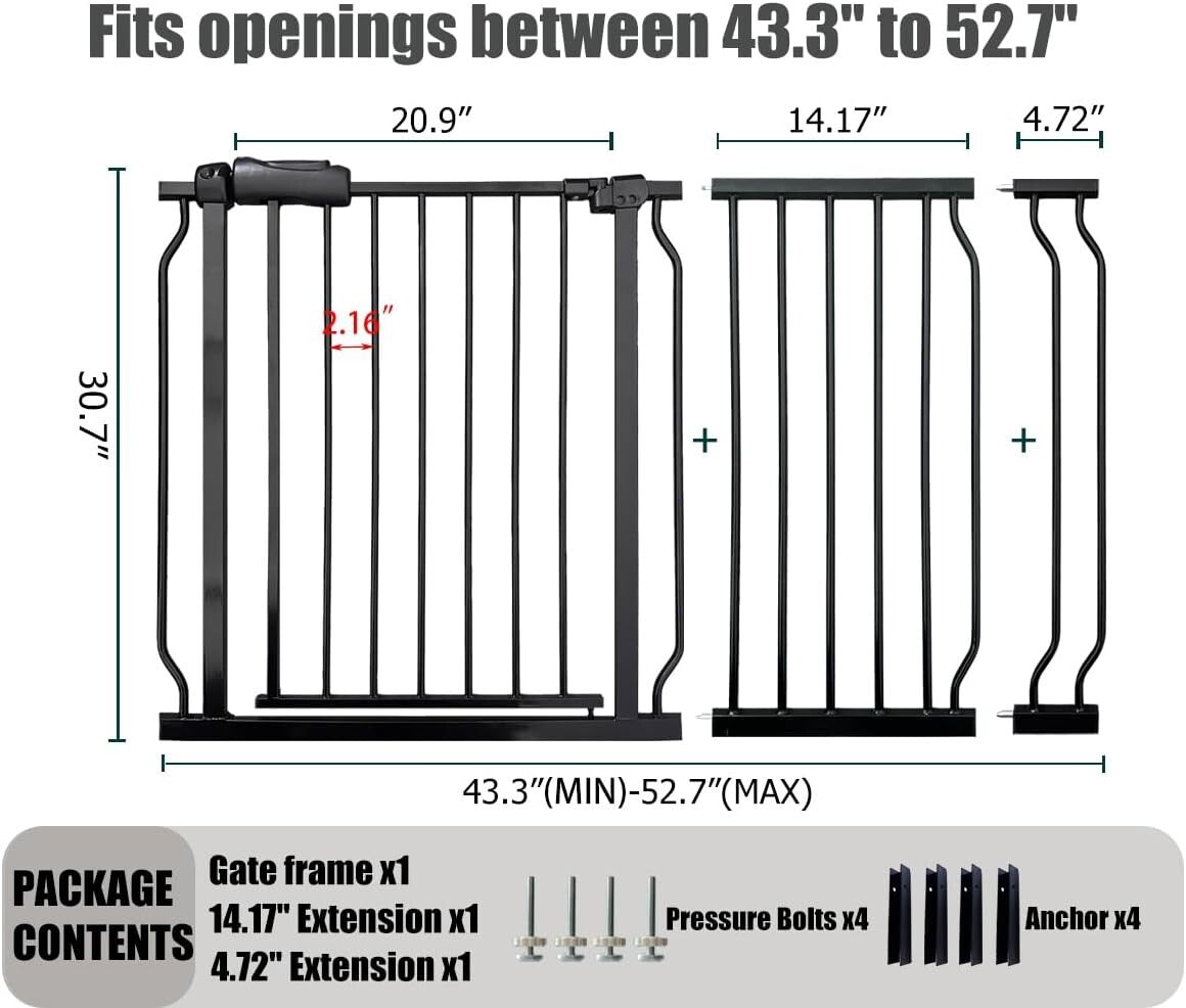 Easy Install Extra Wide Baby Gate 48-52.7" - Auto-Close Safety for Kids & Pets