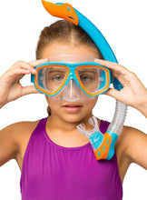 Load image into Gallery viewer, Blue/Orange Rocks Kids Snorkel Gear - Complete Mask, Fins &amp; Splash Guard Snorkel