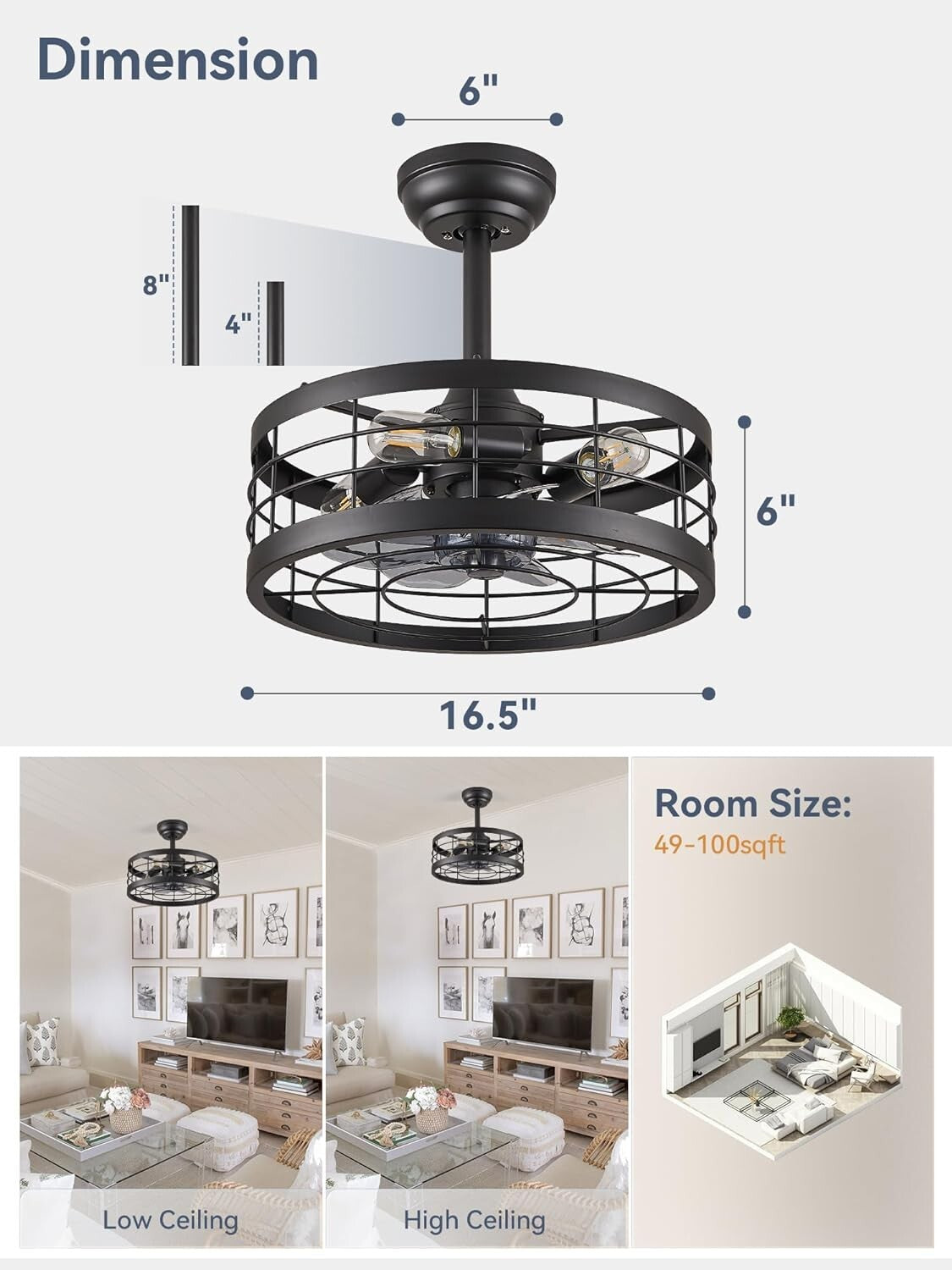 16.5'' Black Caged Ceiling Fan with Remote & LED Light for Stylish Living Spaces