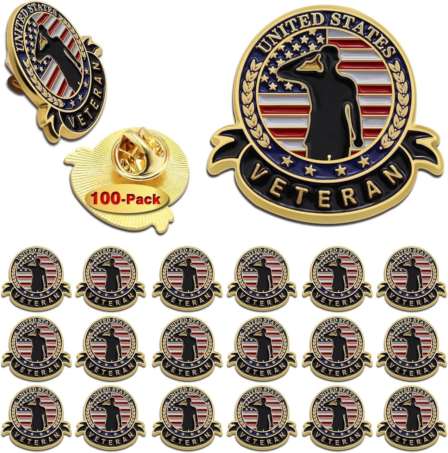 Patriotic American Flag Veteran Pins – 1 Inch Lapel Pin Brooch Set of 10-100
