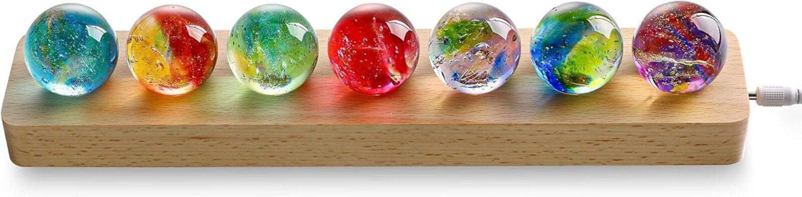 Multicolor 7 Chakra Crystal Spheres on Wooden LED Base - Perfect Gift Set