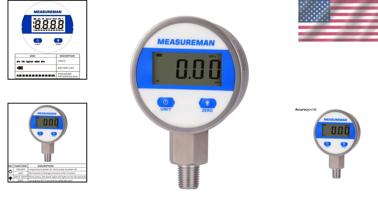 Professional 2-1/2" Digital Pressure Gauge with LED Light & 304 SS Construction