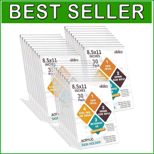 Durable 8.5 x 11 Acrylic Sign Holders - 30 Pack Clear Table Stands for Display