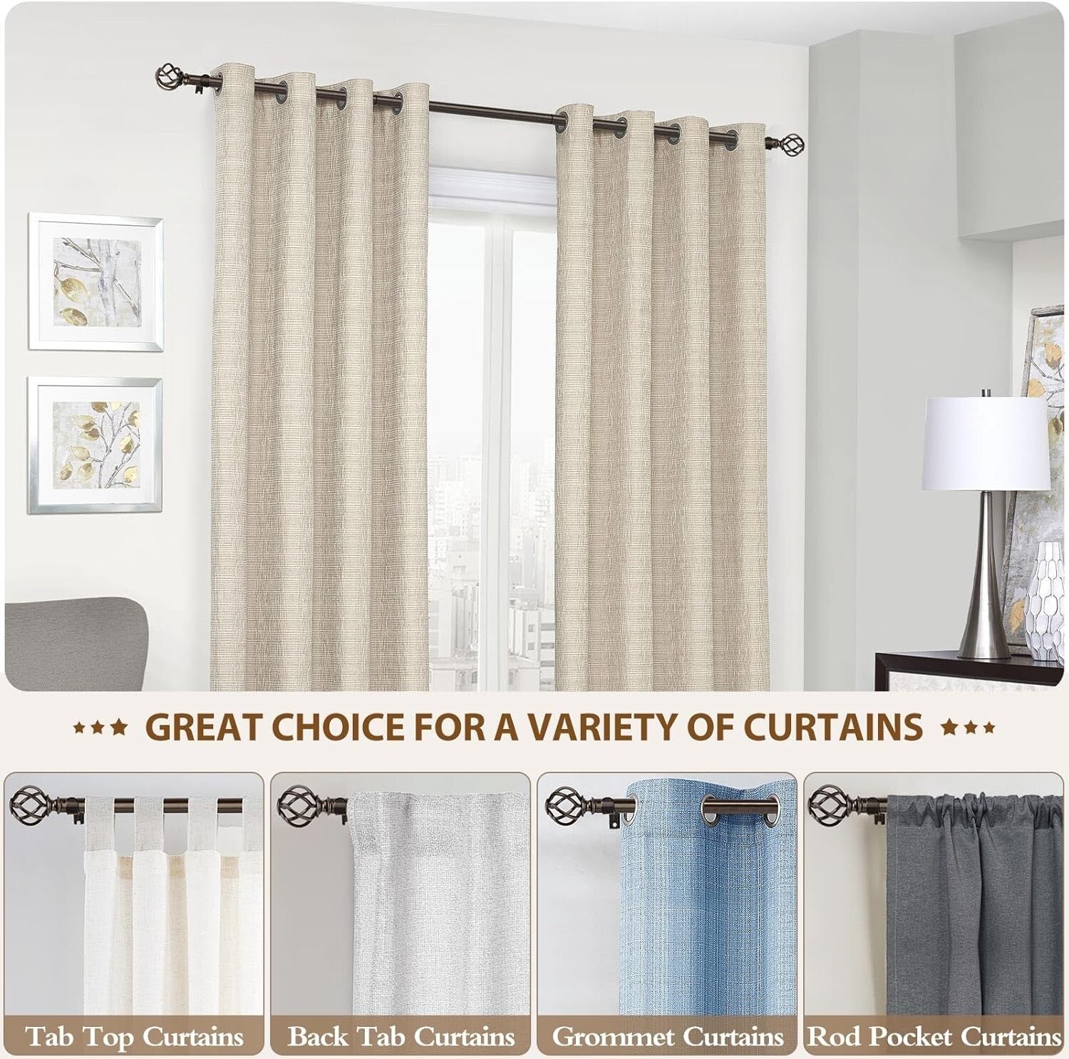 Artistic Bronze Curtain Rods with Twisted Finials - Adjustable 72 to 144 Inches