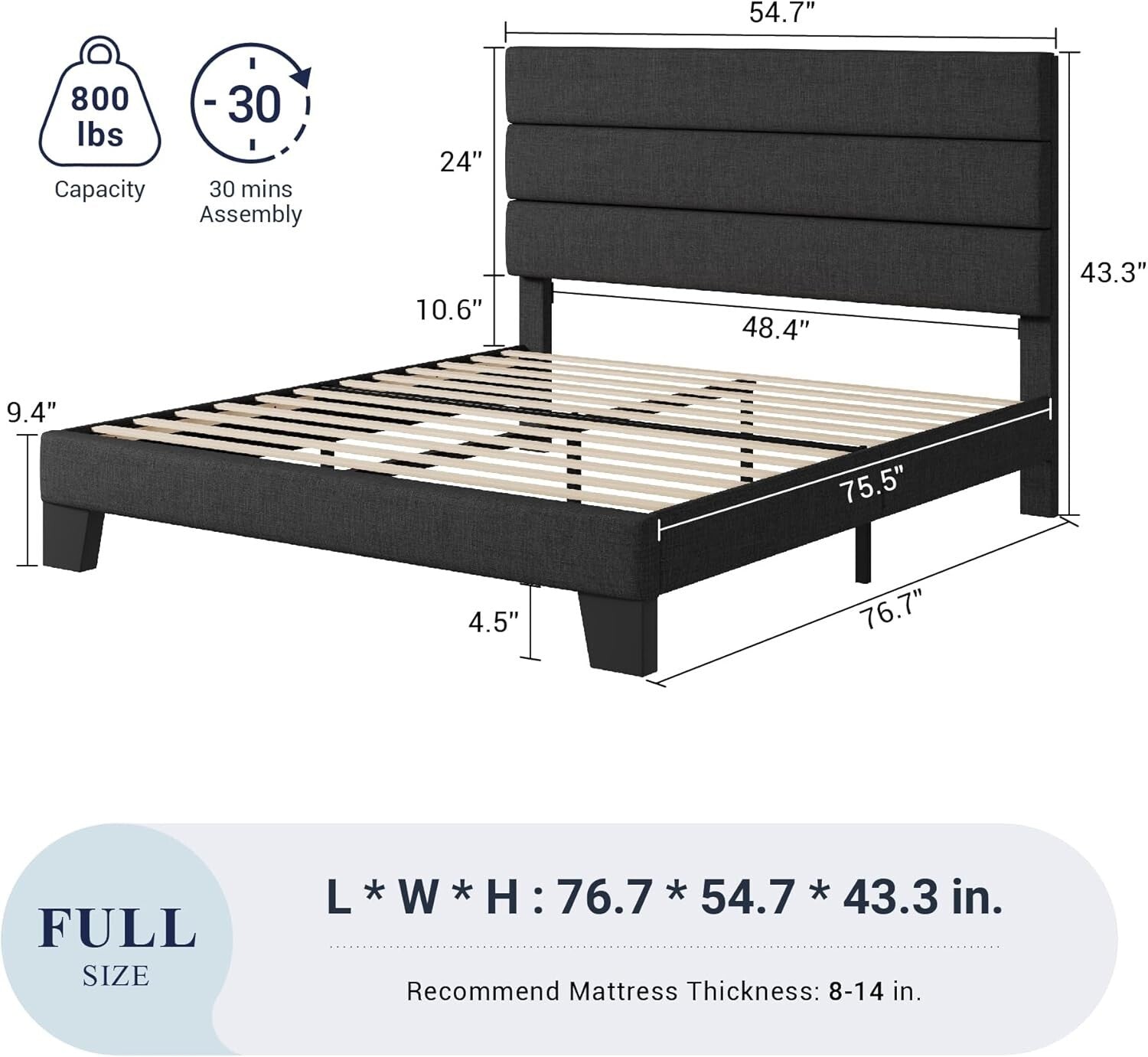 Minimalist Full Size Platform Bed Frame with Upholstered Headboard in Dark Grey