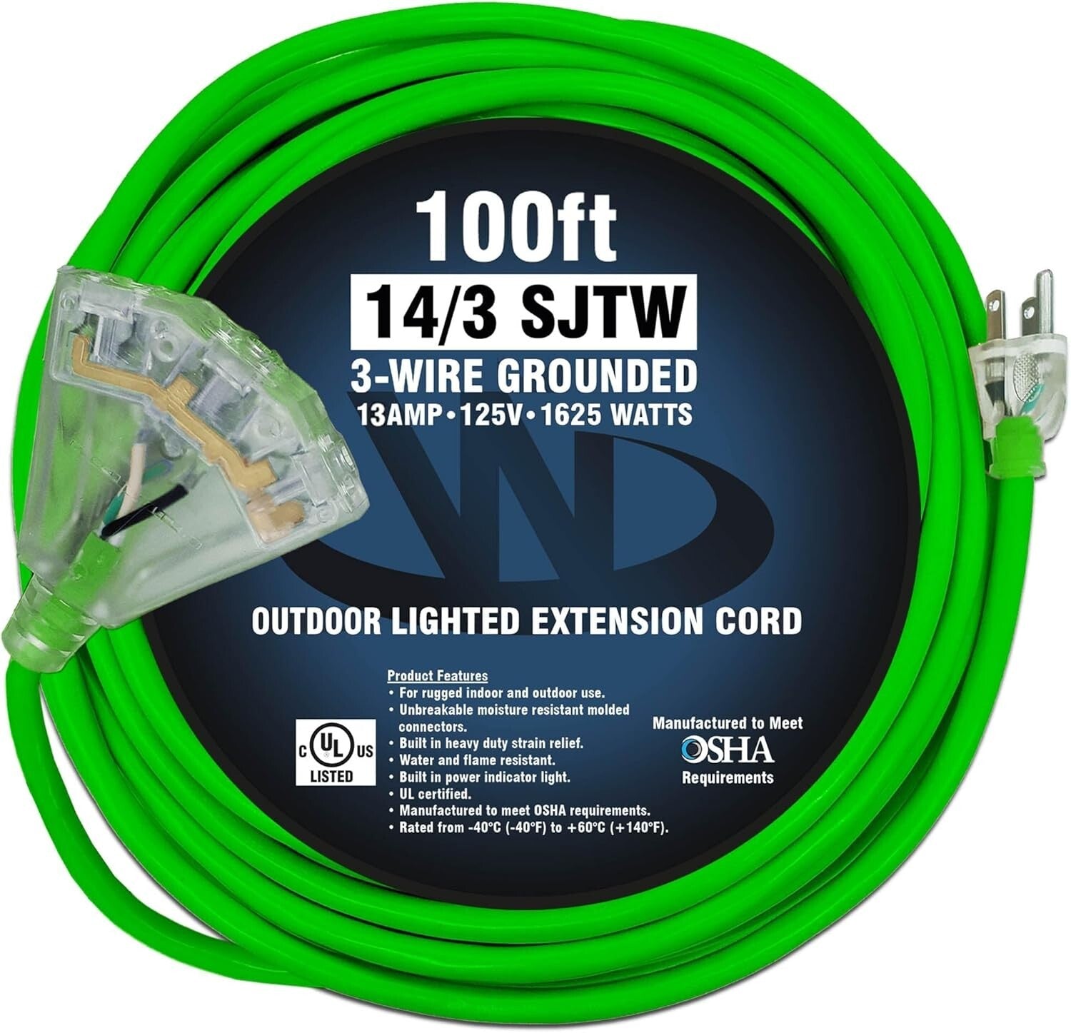 100 Ft 14-Gauge Heavy Duty Extension Cord with 3 Lighted Outlets for Outdoor Use