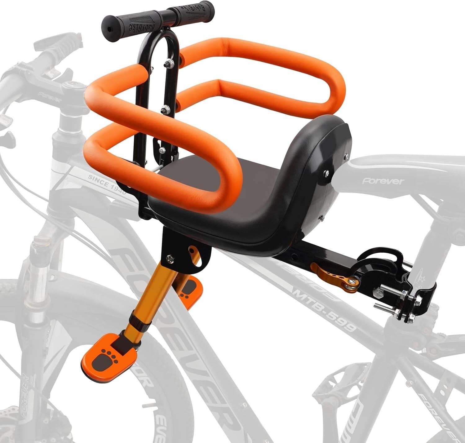 Adjustable Front Mounted Kids Bike Seat with Foot Pedals & Backrest Comfort