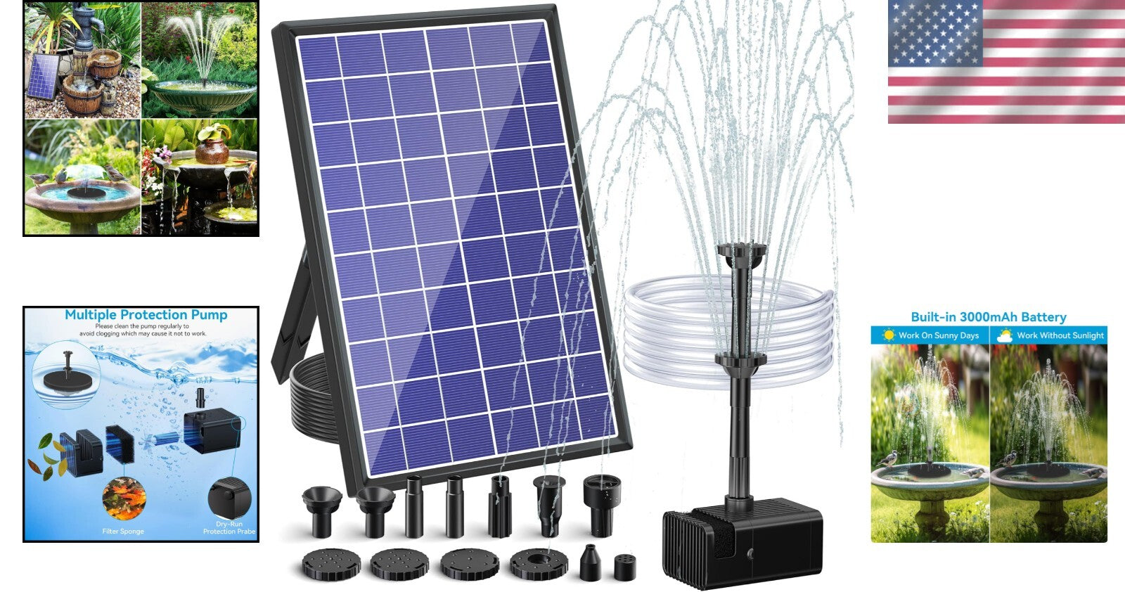 DIY Solar Water Pump Kit for Bird Baths with Long Cable & Multiple Spray Options