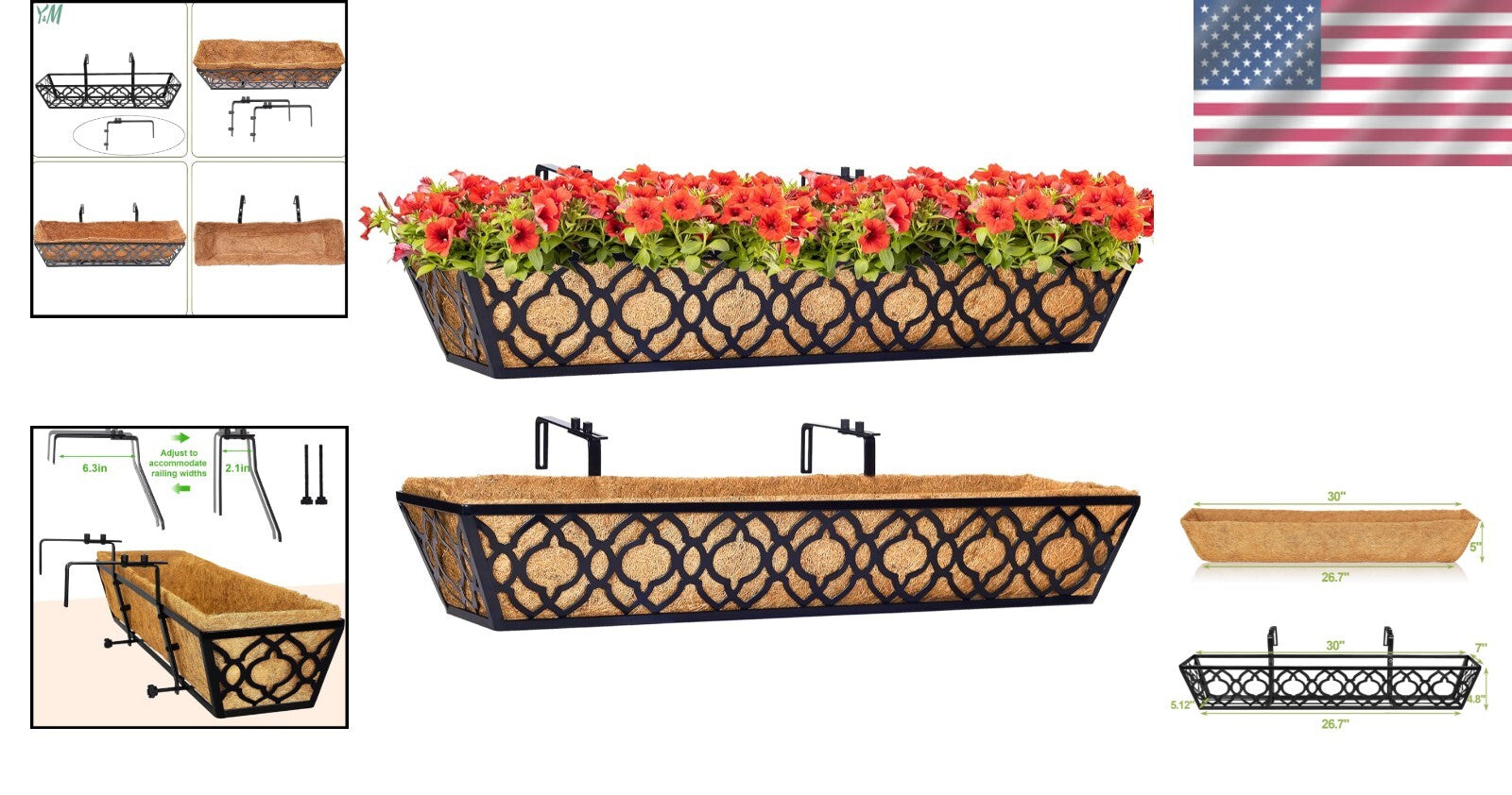 Elegant Black Metal 30-Inch Flower Planters - Complete 2pcs Set with Coco Liners