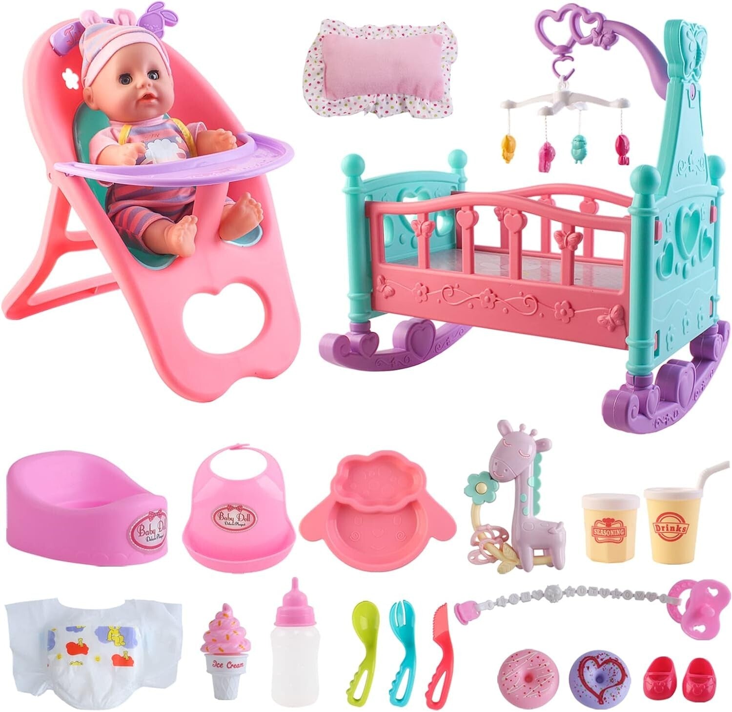 Safe 12” Baby Doll Toy Set with Crib, High Chair & Accessories for Pretend Play