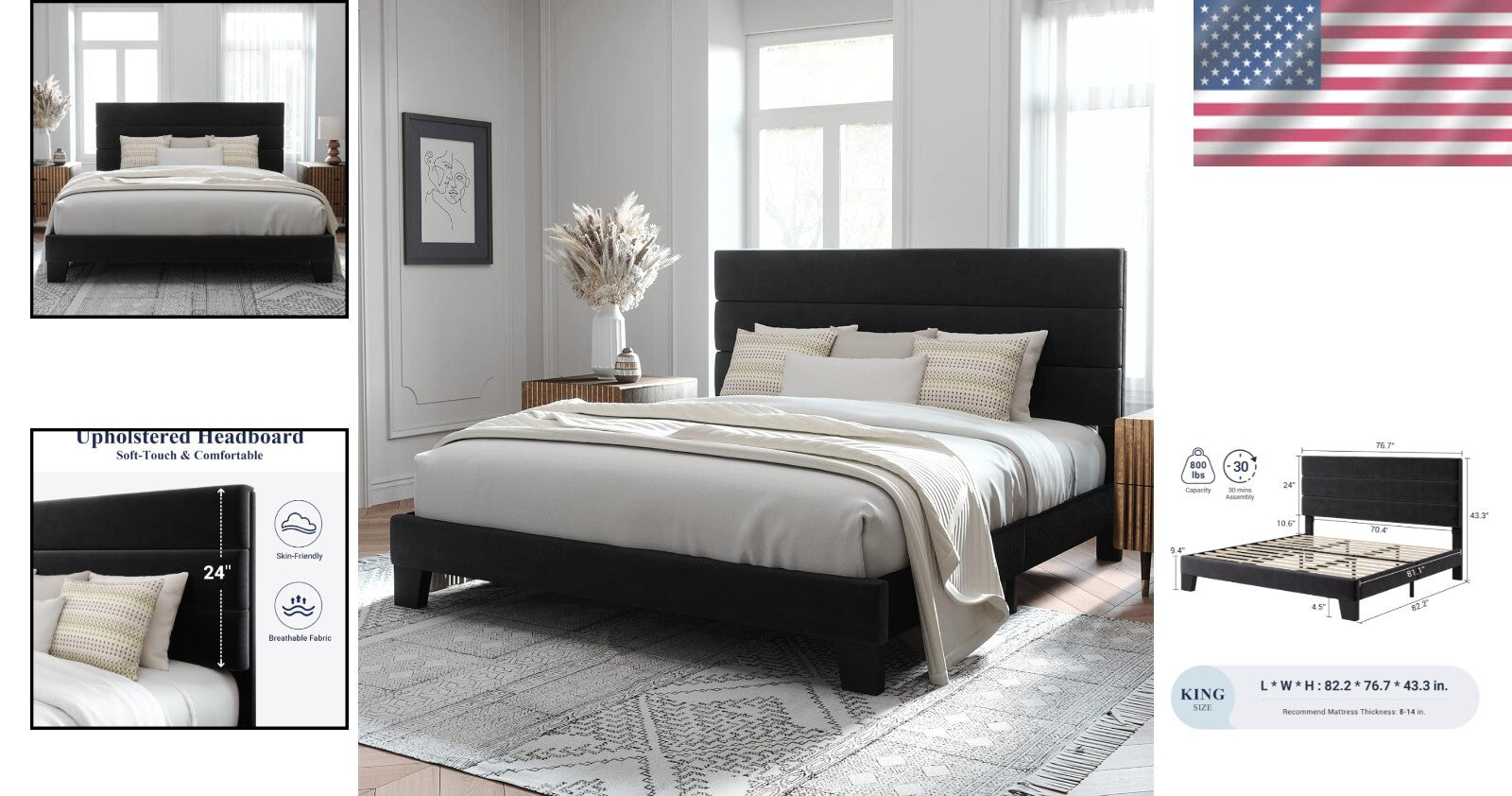 Luxury King Size Velvet Upholstered Platform Bed Frame - Easy Assembly | Black