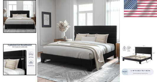 Luxury King Size Velvet Upholstered Platform Bed Frame - Easy Assembly | Black