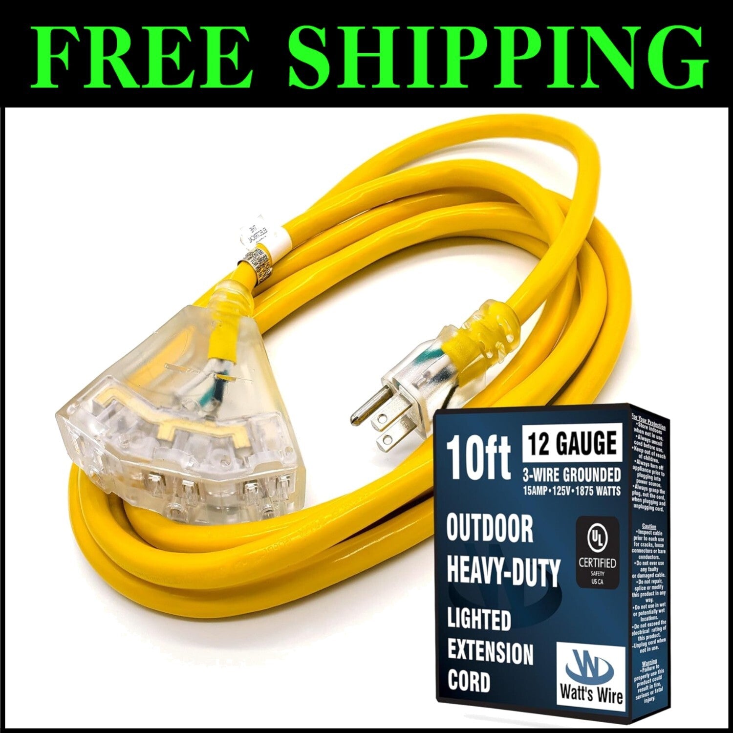 10 ft Yellow 12-Gauge Heavy Duty Extension Cord - Ideal for Tools & Appliances