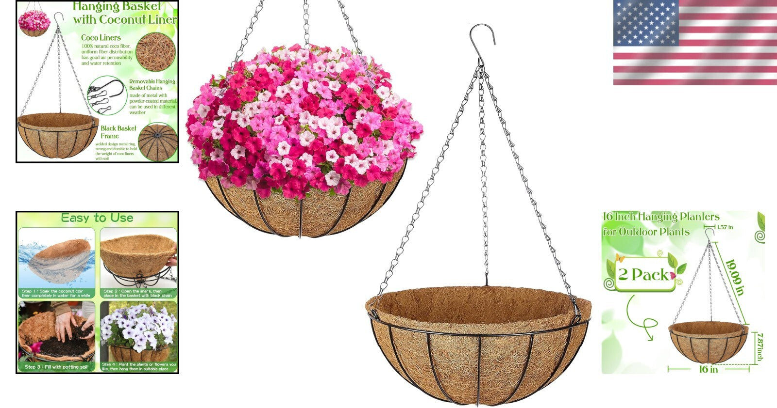 2 Pack 16 Inch Round Hanging Planter Baskets with Natural Coconut Liners