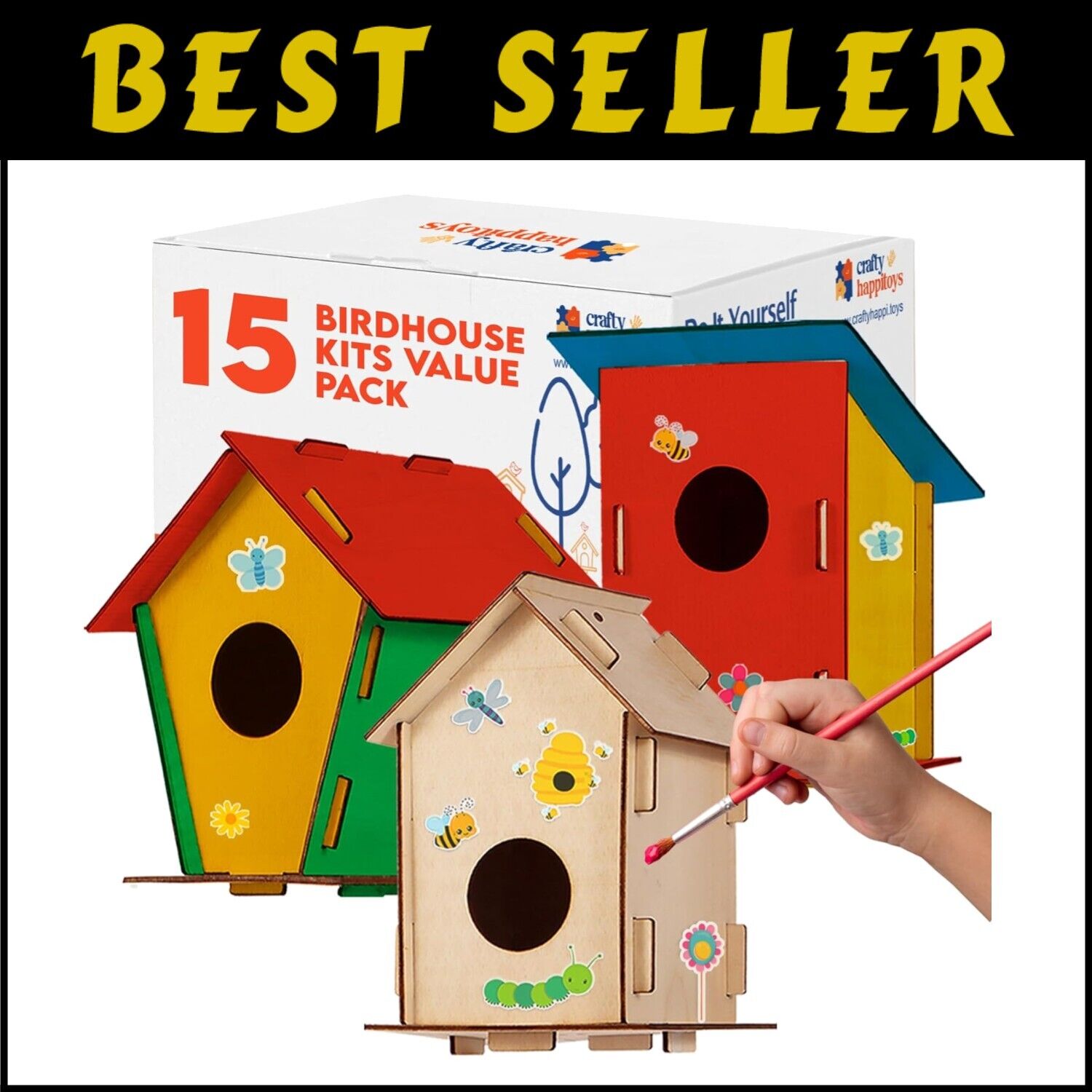 Kids Birdhouse Craft Kit - 15 Unfinished Wood Houses with Paint & Stickers