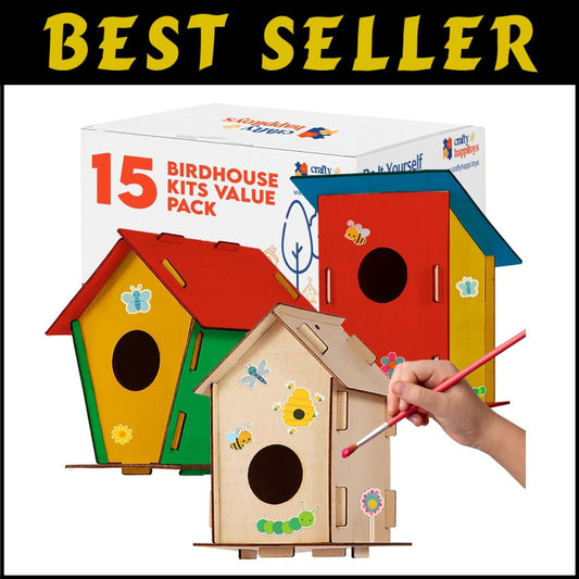 Kids Birdhouse Craft Kit - 15 Unfinished Wood Houses with Paint & Stickers