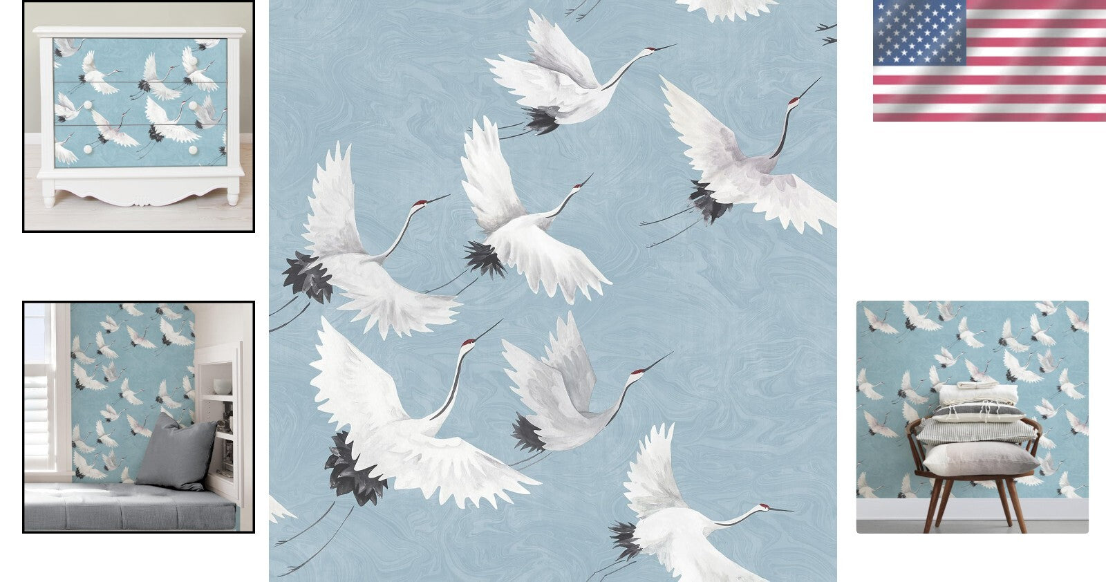 Elegant Halcyon Blue Peel & Stick Wallpaper with Crane Design - 20.5'' x 216''