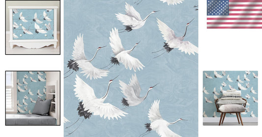 Elegant Halcyon Blue Peel & Stick Wallpaper with Crane Design - 20.5'' x 216''