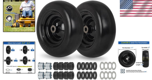 All-Season Flat Free Lawn Mower Tire Wheel with Adjustable Bushings, 2 Pack