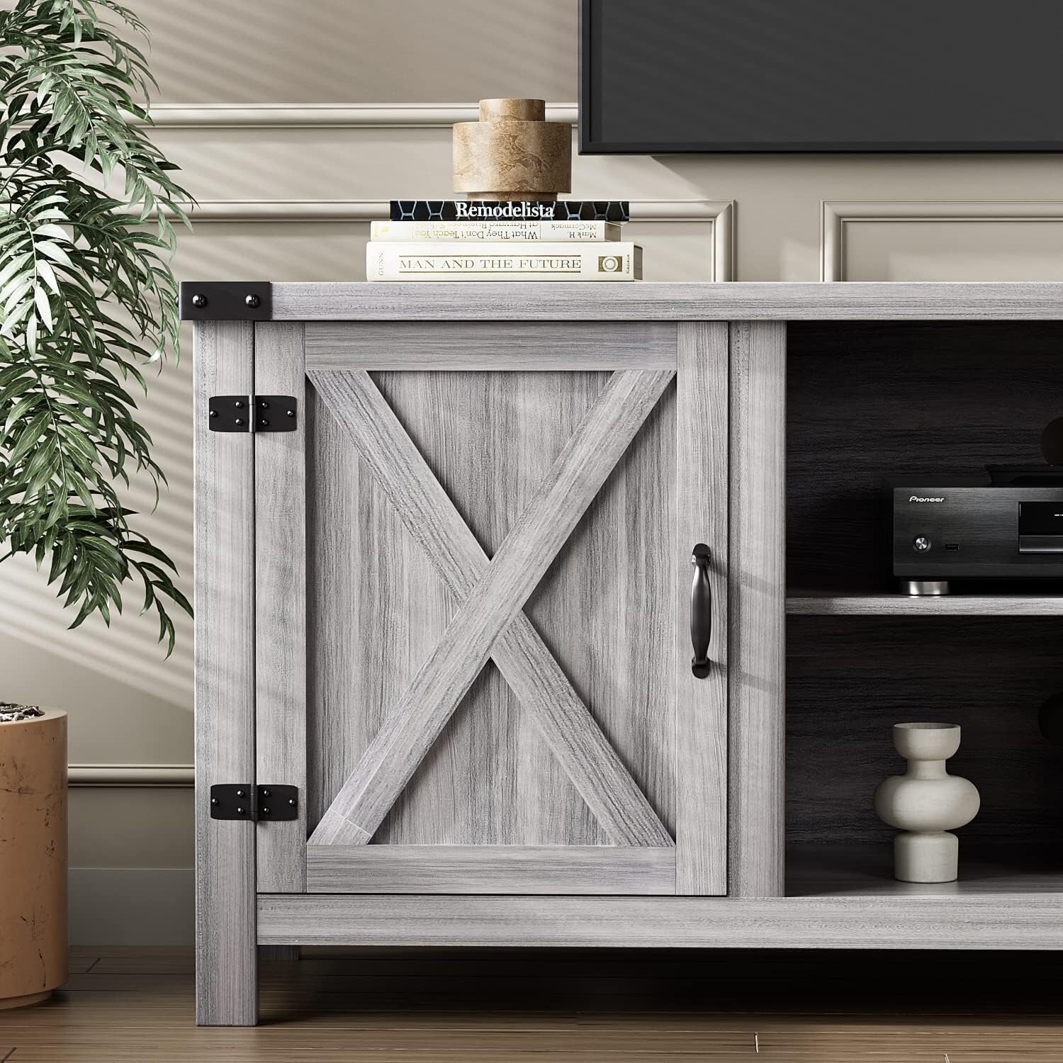 58-Inch Gray Wash Entertainment Center with Adjustable Shelves and Storage