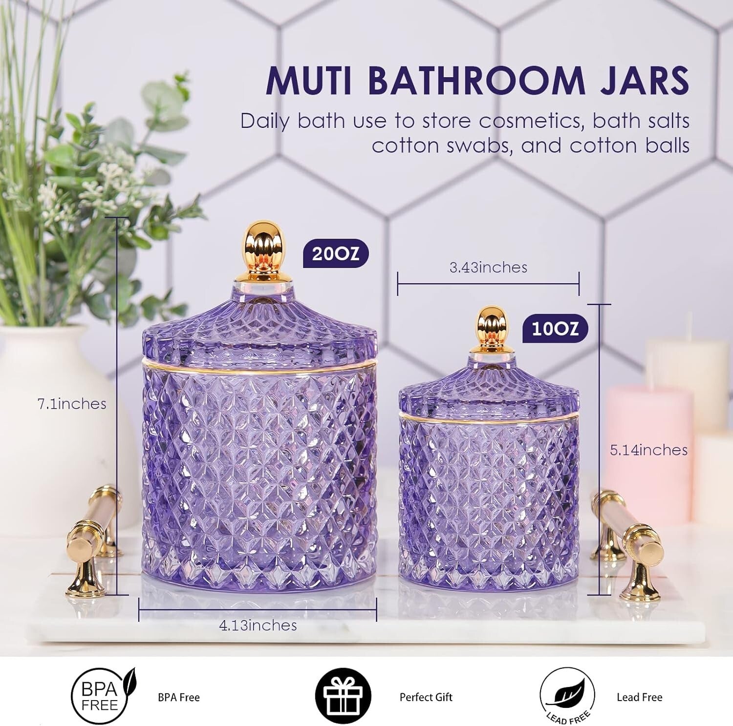 Elegant Diamond-cut Glass Jars in Purple - Versatile Storage Solution Set