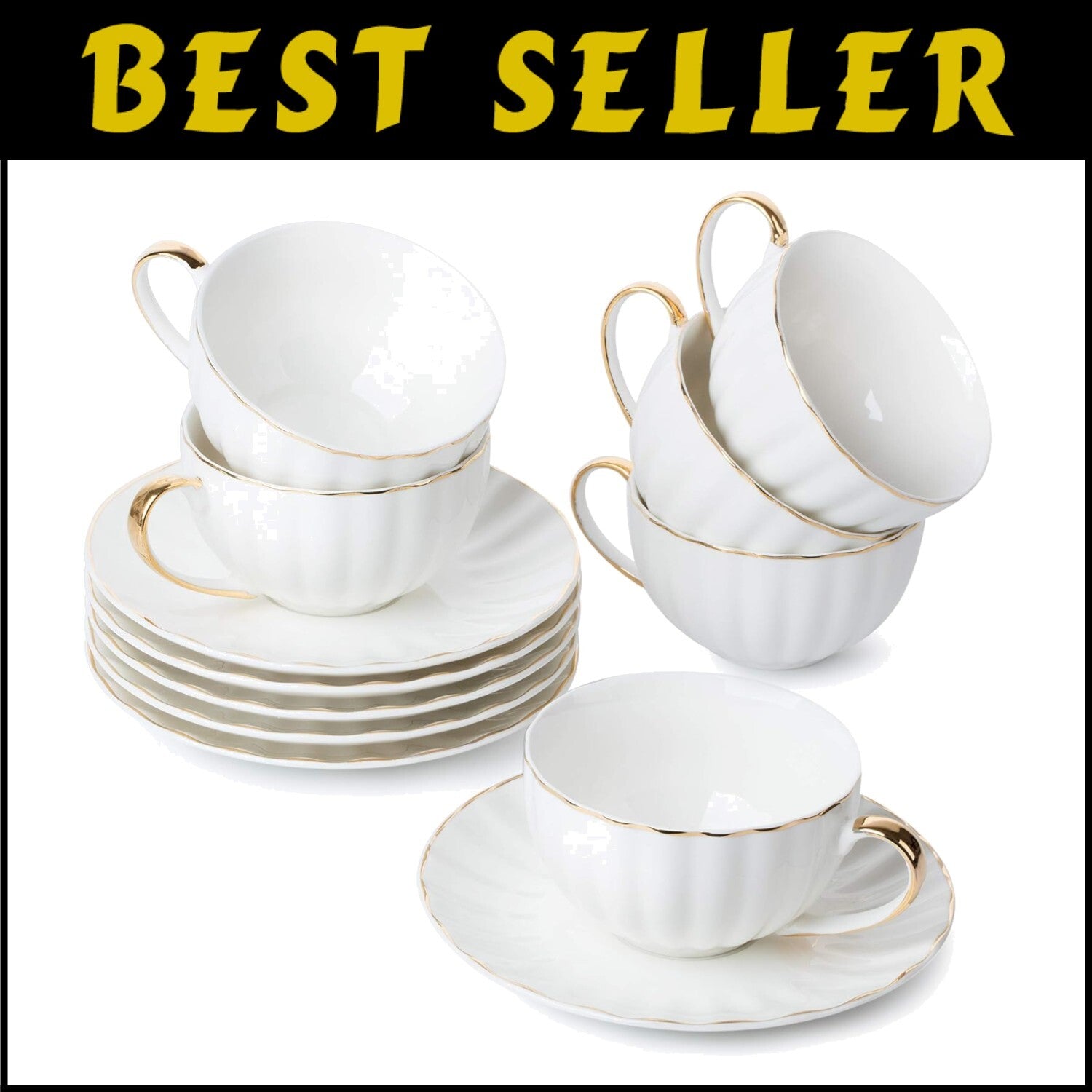 Luxurious 7 oz White Tea Cups and Saucers Set with Golden Trim - Gift Ready!