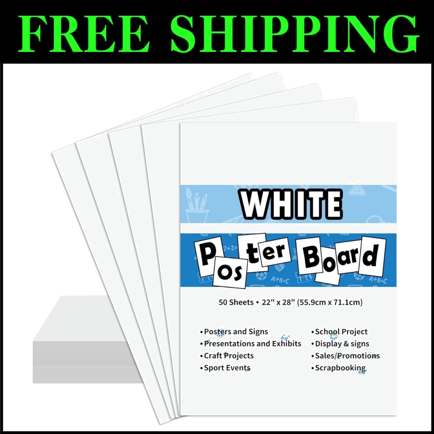 Economical Bulk Poster Board 22"x28" - 50 Sheets of White Paper for Crafts