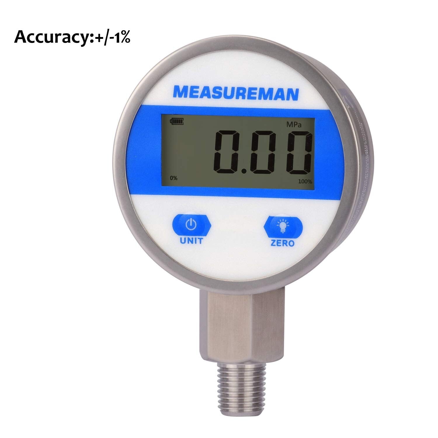 Accurate 2-1/2" Digital Pressure Gauge with 304SS Case & LED Light, 1% Accuracy