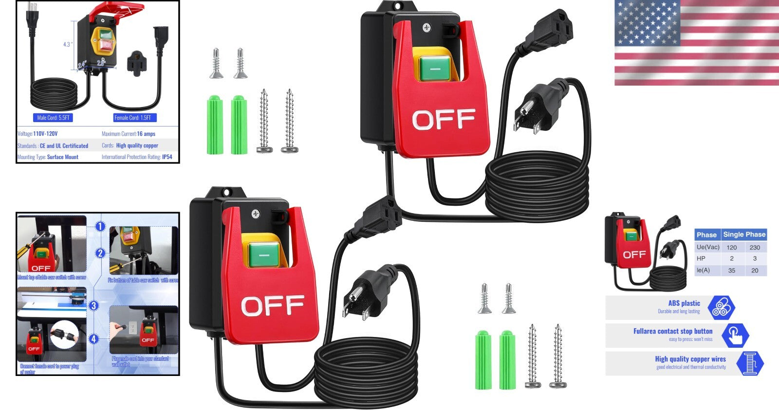 Safety Switch 2-Pack: 120V Router Table Toggle with Large Emergency Paddle