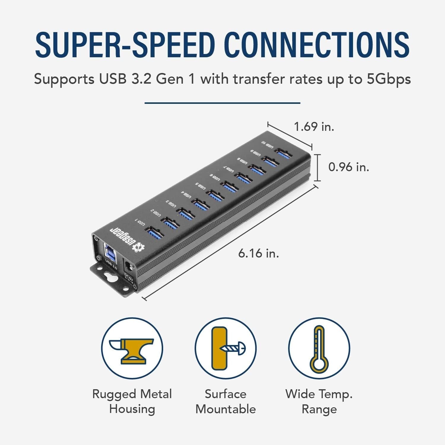 10-Port USB 3.2 Gen 1 Mountable Hub with Fast Charging and 5Gbps Transfer Speed