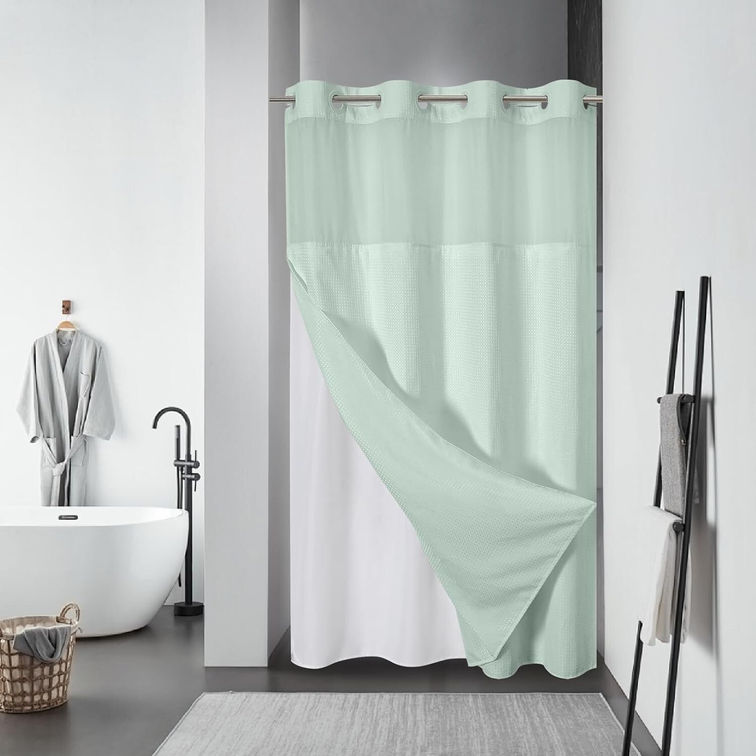 Hotel Quality Mint Green No Hook Shower Curtain with Liner - Easy Care Design