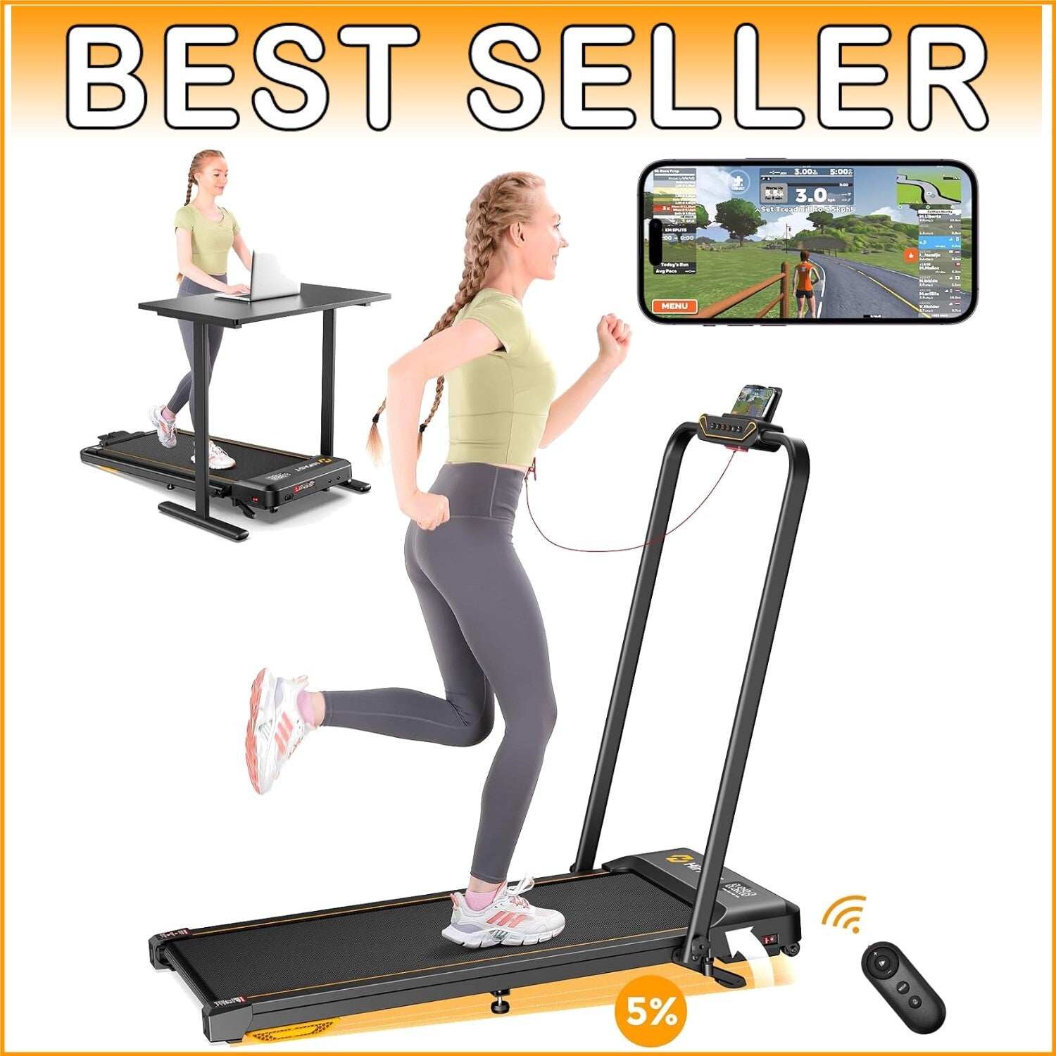 Foldable Under Desk Treadmill with Bluetooth & 3-Way Control - Silent Operation
