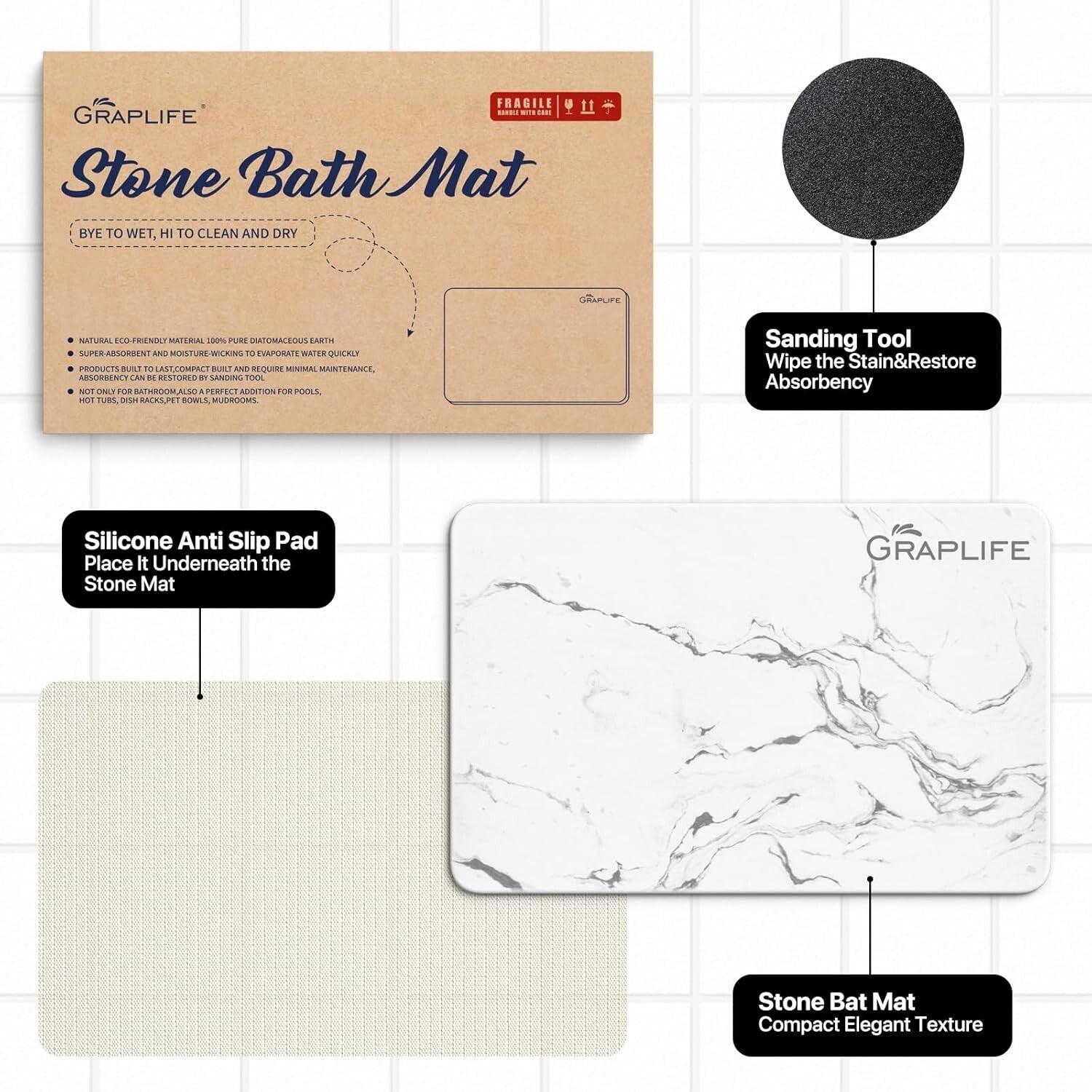 Versatile Diatomaceous Earth Shower Mat - Low Maintenance, Quick Dry 23.5x15''