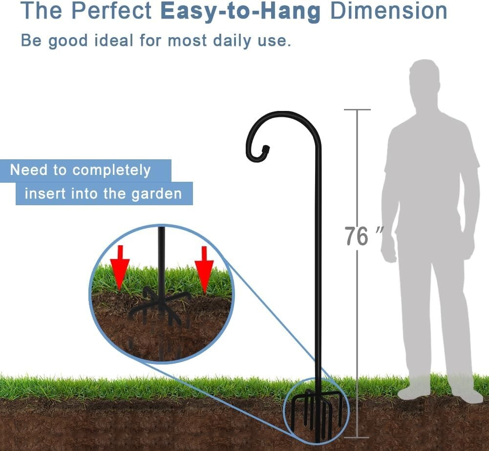 Matte Black 76" Shepherd Hook with 5 Prongs - Sturdy Hanger for Outdoor Decor