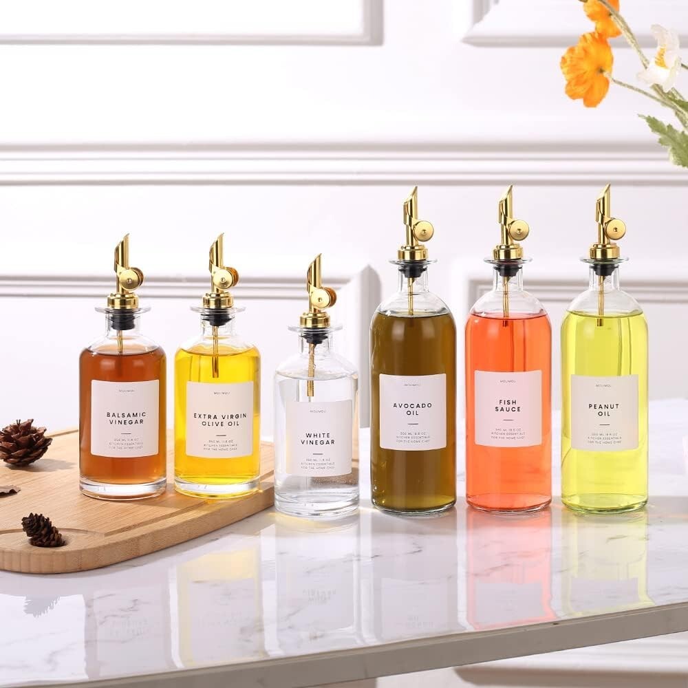 Elegant Minimalist Glass Olive Oil and Vinegar Dispenser Set with Labels - 500ml