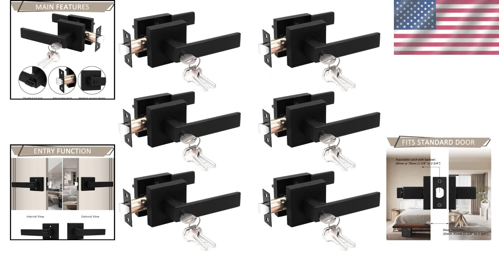 6 Pack Matte Black Keyed Alike Door Handles - Secure and Stylish Entry Solution