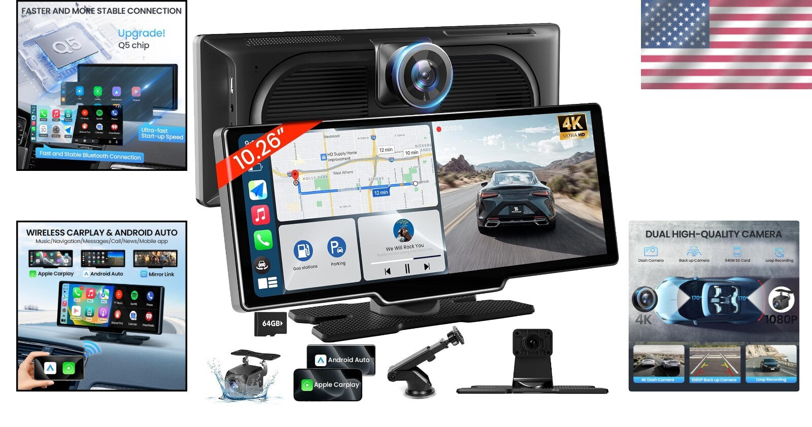 Innovative 10.26'' Wireless Car Audio Receiver with 4K Dash Cam & GPS Navigation