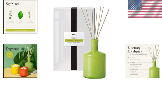 Hand-blown Glass Reed Diffuser - 15oz Rosemary Eucalyptus, 9 Months of Serenity