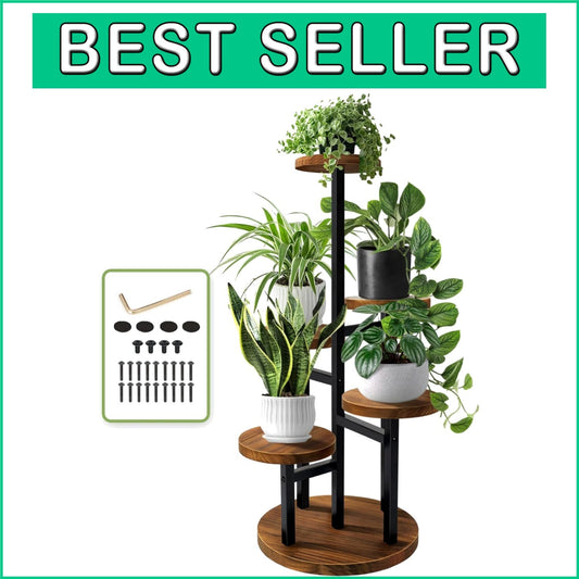 5-Tier Plant Stand - Elegant Metal & Wood Display Rack for Indoor Outdoor Use